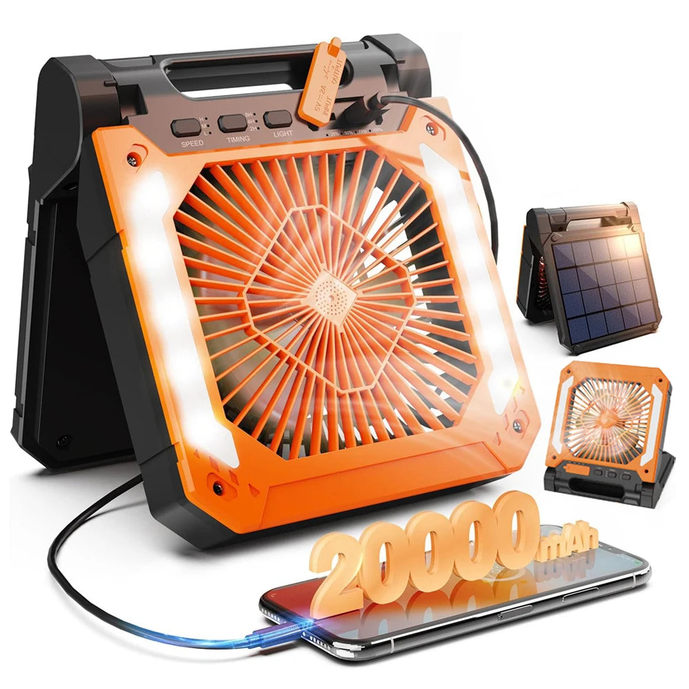 20000mAh Portable Camping Fan with LED Light – Solar & USB Rechargeable