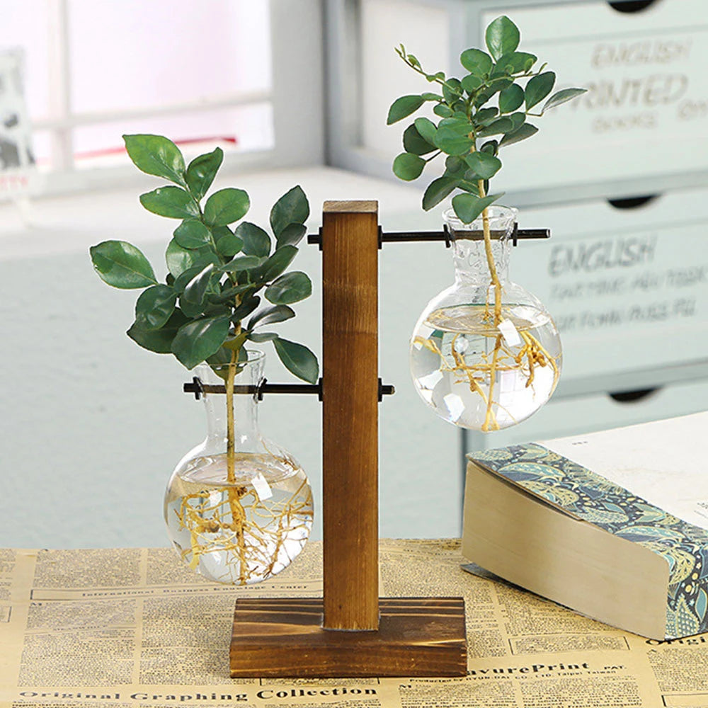 Glass Desktop Planter – Bulb Vase with Wooden Stand
